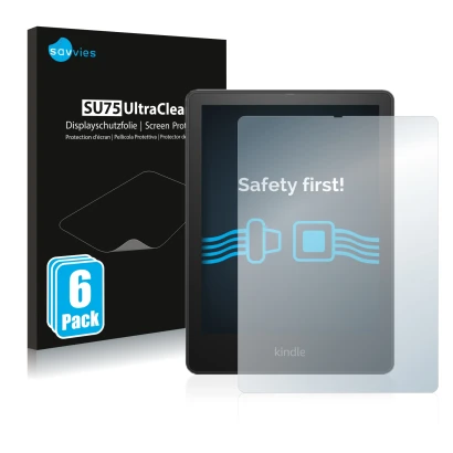 Front side of a product packaging with the brand logo Savvies. Next to it is the device Amazon Kindle Paperwhite 2021 Signatur