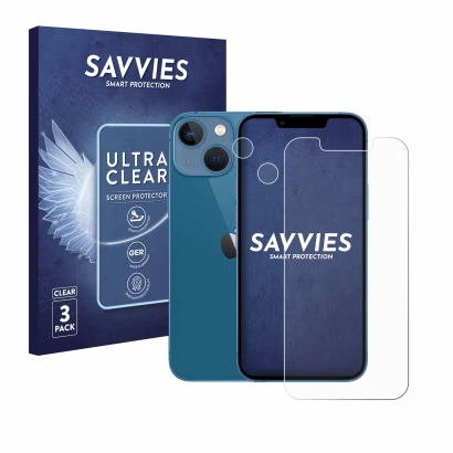 Front side of a product packaging with the brand logo Savvies. Next to it is the device Apple iPhone 13 mini (Front+Camera) sh