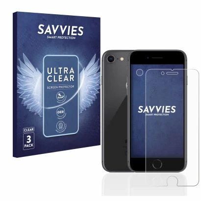 Front side of a product packaging with the brand logo Savvies. Next to it is the device Apple iPhone 8 (Front+Camera) shown wi