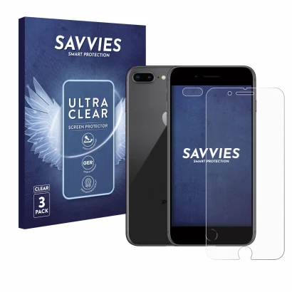 Front side of a product packaging with the brand logo Savvies. Next to it is the device Apple iPhone 8 Plus (Front+Camera) sho