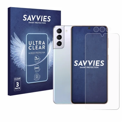 Front side of a product packaging with the brand logo Savvies. Next to it is the device Samsung Galaxy S21 (Front+Camera) show