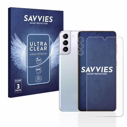 Front side of a product packaging with the brand logo Savvies. Next to it is the device Samsung Galaxy S21 5G (Front+Camera) s