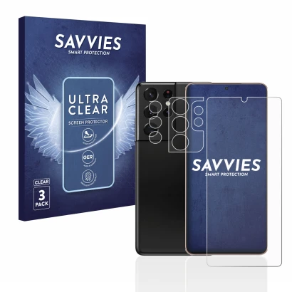 Front side of a product packaging with the brand logo Savvies. Next to it is the device Samsung Galaxy S21 Ultra 5G (Front+Cam