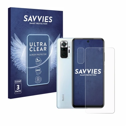 Front side of a product packaging with the brand logo Savvies. Next to it is the device Xiaomi Redmi Note 10 Pro (Front+Camera