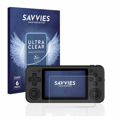 Front side of a product packaging with the brand logo Savvies. Next to it is the device Anbernic RG351P shown with the corresp