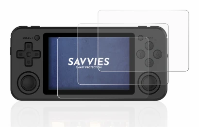 Image of the device Anbernic RG351P with a wide variety of screen protectors.