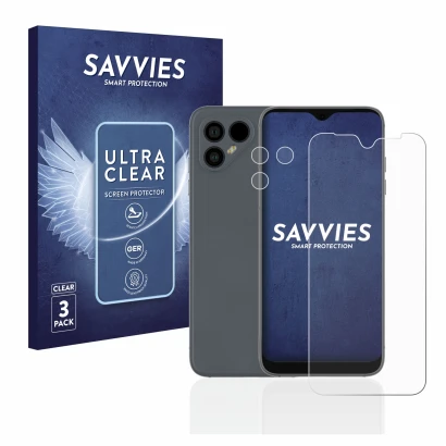 Front side of a product packaging with the brand logo Savvies. Next to it is the device Fairphone 4 (Front+Camera) shown with 