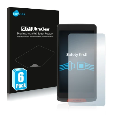 Front side of a product packaging with the brand logo Savvies. Next to it is the device Sunmi M2 shown with the corresponding 