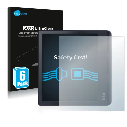 Front side of a product packaging with the brand logo Savvies. Next to it is the device Kobo Sage shown with the corresponding