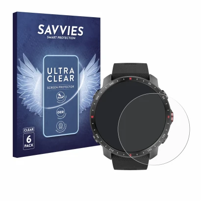 Front side of a product packaging with the brand logo Savvies. Next to it is the device Polar Grit X Pro shown with the corres