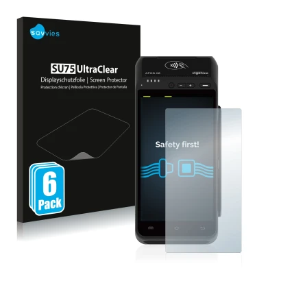 Front side of a product packaging with the brand logo Savvies. Next to it is the device ingenico Apos A8 shown with the corres