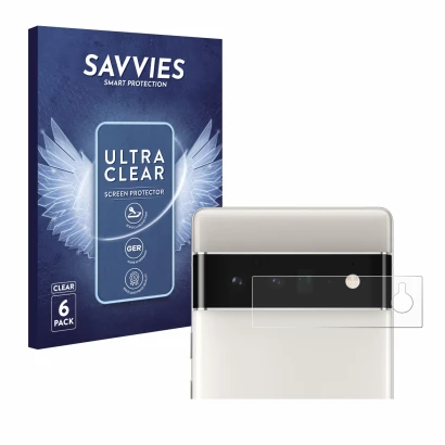 Front side of a product packaging with the brand logo Savvies. Next to it is the device Google Pixel 6 Pro (ONLY Camera Lens) 