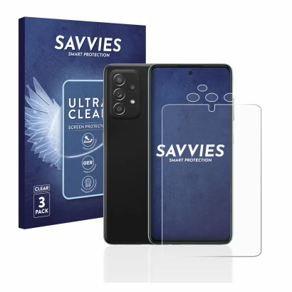 Front side of a product packaging with the brand logo Savvies. Next to it is the device Samsung Galaxy A52s 5G (Front+Camera) 