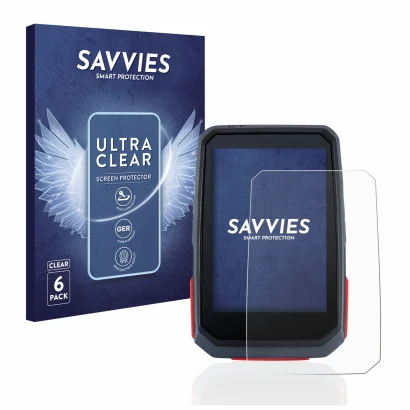 Front side of a product packaging with the brand logo Savvies. Next to it is the device Sigma ROX 4.0 shown with the correspon