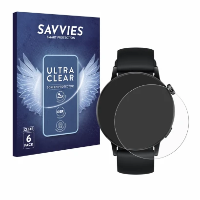 Front side of a product packaging with the brand logo Savvies. Next to it is the device Huawei Watch GT 3 (42 mm) shown with t