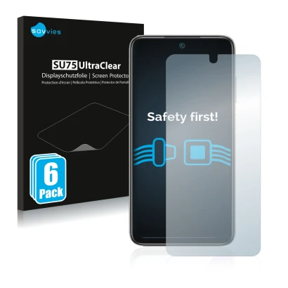 Front side of a product packaging with the brand logo Savvies. Next to it is the device Xiaomi Redmi Note 11 4G shown with the
