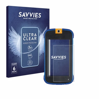 Front side of a product packaging with the brand logo Savvies. Next to it is the device Vtech Kidicom Max 3.0 shown with the c