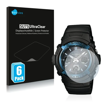 Front side of a product packaging with the brand logo Savvies. Next to it is the device Casio AWG M100 shown with the correspo