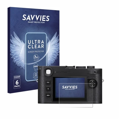 Front side of a product packaging with the brand logo Savvies. Next to it is the device Leica M11 shown with the corresponding