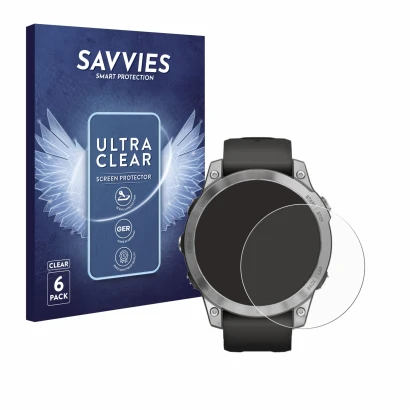 Front side of a product packaging with the brand logo Savvies. Next to it is the device Garmin Fenix 7 (47 mm) shown with the 
