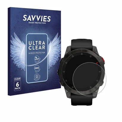 Front side of a product packaging with the brand logo Savvies. Next to it is the device Garmin epix (Gen. 2) shown with the co
