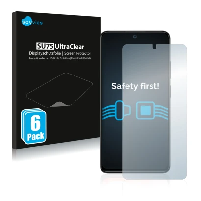 Front side of a product packaging with the brand logo Savvies. Next to it is the device Xiaomi Redmi Note 11 Pro shown with th