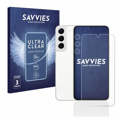 Front side of a product packaging with the brand logo Savvies. Next to it is the device Samsung Galaxy S22 5G (Front+Camera) s