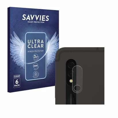 Front side of a product packaging with the brand logo Savvies. Next to it is the device Samsung Galaxy Tab S8 5G (ONLY Camera 