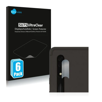 Front side of a product packaging with the brand logo Savvies. Next to it is the device Samsung Galaxy Tab S8 Ultra 5G (ONLY C