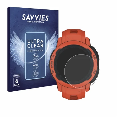 Front side of a product packaging with the brand logo Savvies. Next to it is the device Garmin Instinct 2S shown with the corr