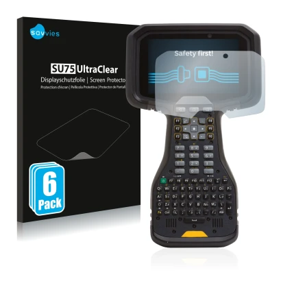 Front side of a product packaging with the brand logo Savvies. Next to it is the device Trimble TSC5 shown with the correspond