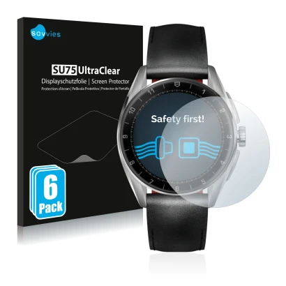 Front side of a product packaging with the brand logo Savvies. Next to it is the device TAG Heuer Connected Calibre E4 (42 mm)