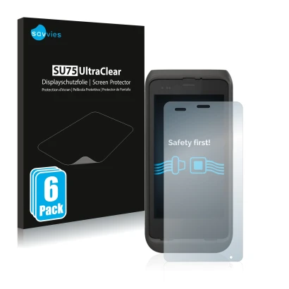 Front side of a product packaging with the brand logo Savvies. Next to it is the device Honeywell CT45 XP shown with the corre