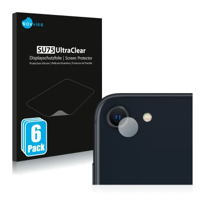 Front side of a product packaging with the brand logo Savvies. Next to it is the device Apple iPhone SE 3 2022 (ONLY Camera Le