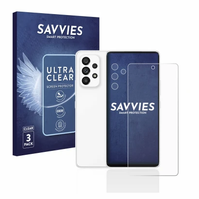 Front side of a product packaging with the brand logo Savvies. Next to it is the device Samsung Galaxy A53 5G (Front+Camera) s