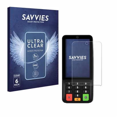 Front side of a product packaging with the brand logo Savvies. Next to it is the device Pax A35 shown with the corresponding s