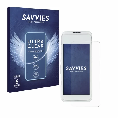 Front side of a product packaging with the brand logo Savvies. Next to it is the device Pax A920 Pro shown with the correspond