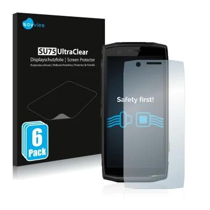 Front side of a product packaging with the brand logo Savvies. Next to it is the device Crosscall Action-X5 shown with the cor