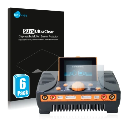 Front side of a product packaging with the brand logo Savvies. Next to it is the device Junsi iCharger 406 Duo shown with the 