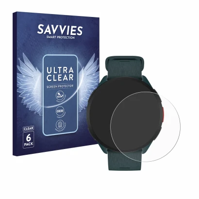 Front side of a product packaging with the brand logo Savvies. Next to it is the device Polar Pacer shown with the correspondi