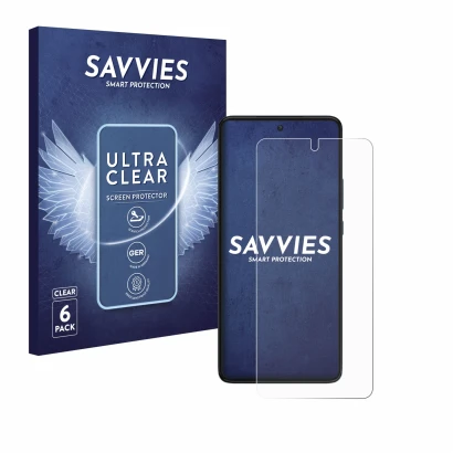 Front side of a product packaging with the brand logo Savvies. Next to it is the device Motorola Edge 30 shown with the corres