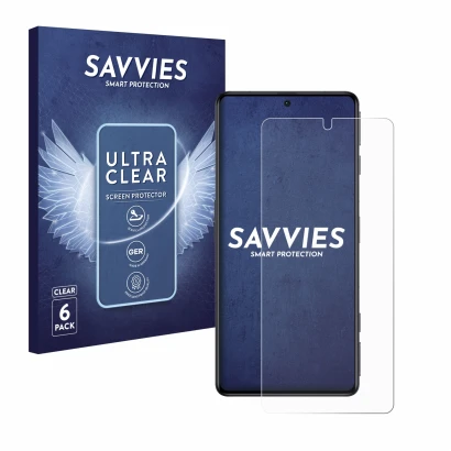 Front side of a product packaging with the brand logo Savvies. Next to it is the device Xiaomi Poco F4 GT shown with the corre
