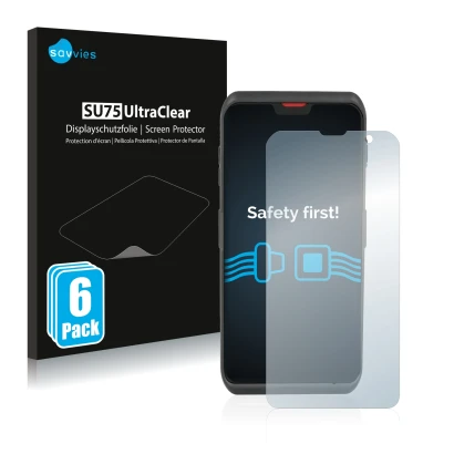 Front side of a product packaging with the brand logo Savvies. Next to it is the device Honeywell ScanPal EDA52 shown with the