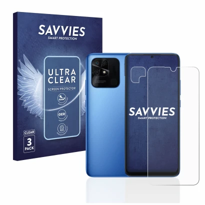 Front side of a product packaging with the brand logo Savvies. Next to it is the device Xiaomi Redmi 10C (Front+Camera) shown 