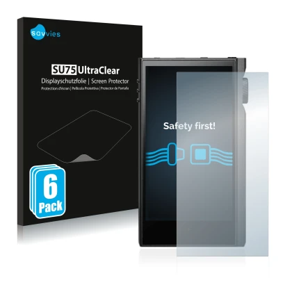 Front side of a product packaging with the brand logo Savvies. Next to it is the device Astell&Kern Kann Max shown with the co