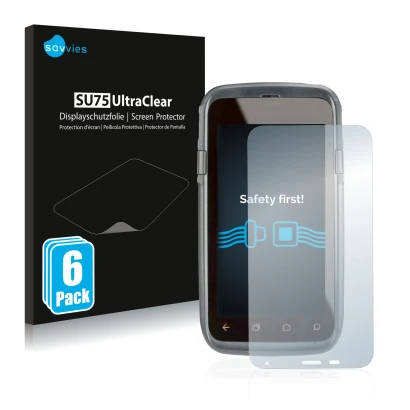 Front side of a product packaging with the brand logo Savvies. Next to it is the device Honeywell Dolphin CT60 XP shown with t