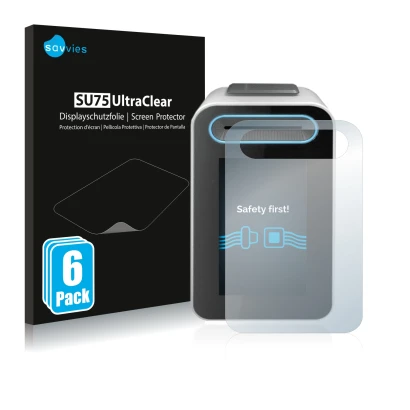 Front side of a product packaging with the brand logo Savvies. Next to it is the device Cherry eHealth Terminal ST-1506 shown 