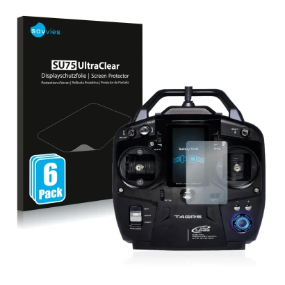 Front side of a product packaging with the brand logo Savvies. Next to it is the device Futaba T4GRS shown with the correspond