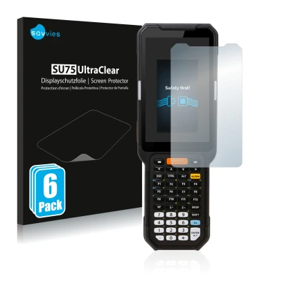 Front side of a product packaging with the brand logo Savvies. Next to it is the device Point Mobile PM451 shown with the corr