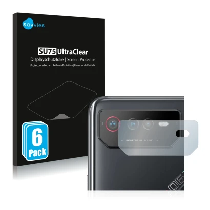 Front side of a product packaging with the brand logo Savvies. Next to it is the device ASUS ROG Phone 6 (ONLY Camera Lens) sh